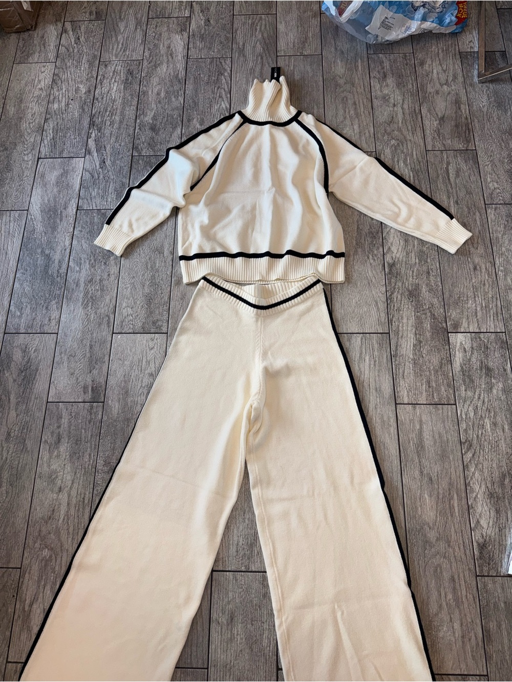 Cream Knit Wide-Leg Pants & Turtleneck Set with Black Trim